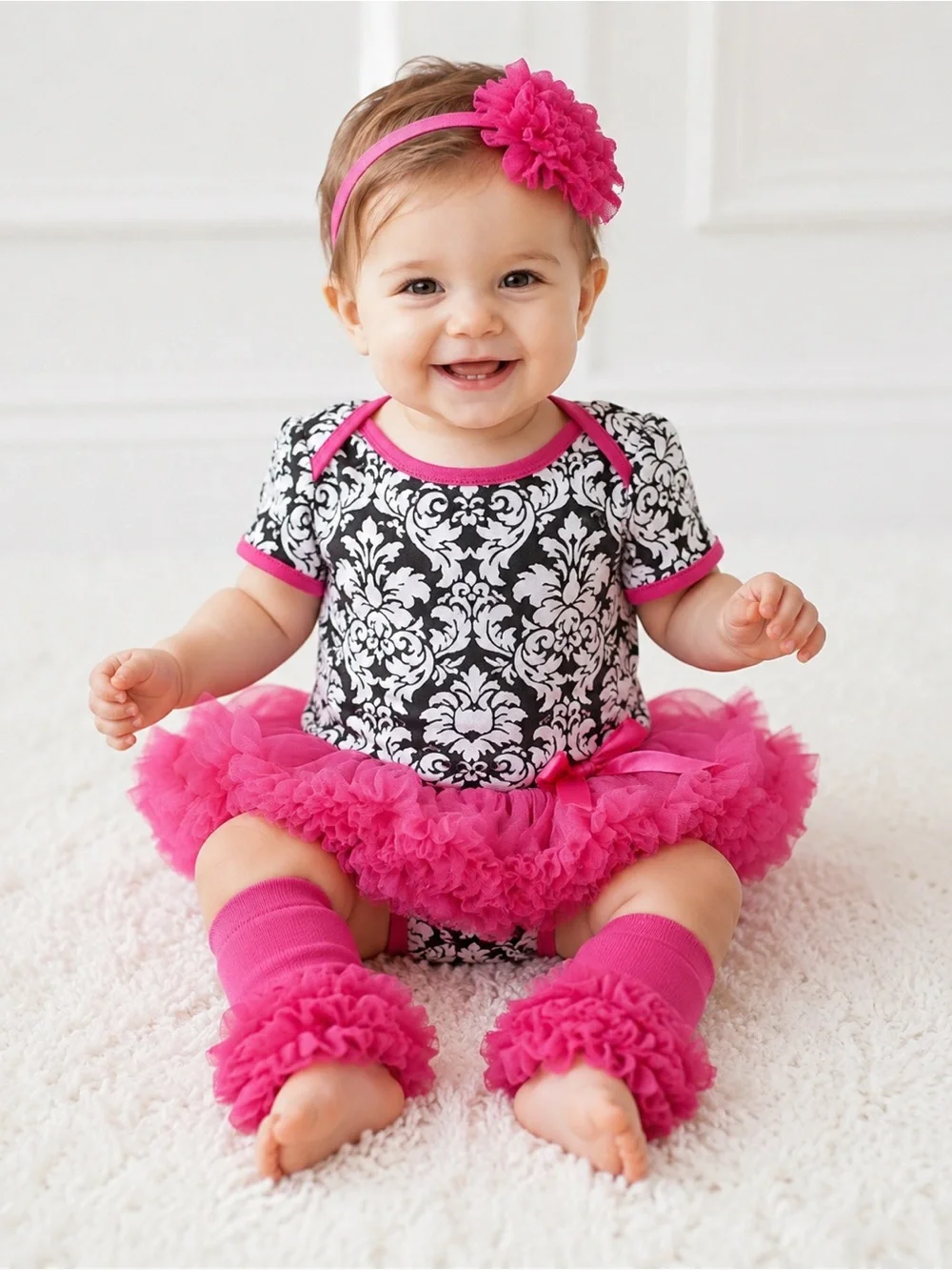 Black & White Damask Baby Tutu Onesie with Hot Pink Ruffle Leg Warmers